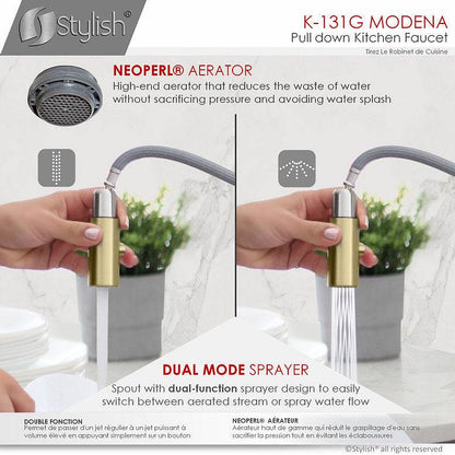 Stylish Modena 14" Kitchen Faucet Single Handle Pull Down Dual Mode Stainless Steel Gold Finish K-131G - Renoz