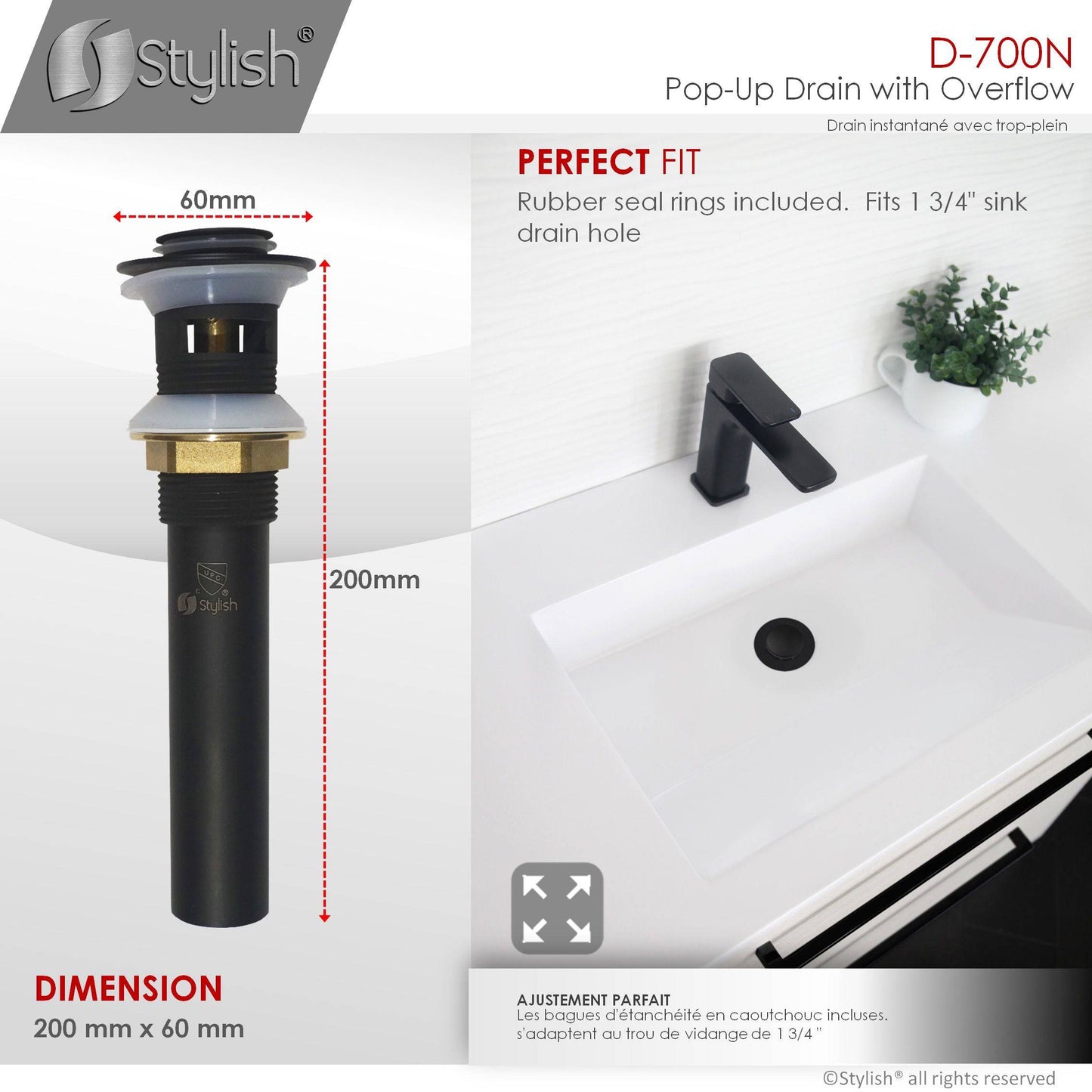 Stylish Pop-Up Drain with Overflow, Matte Black Finish D-700N - Renoz