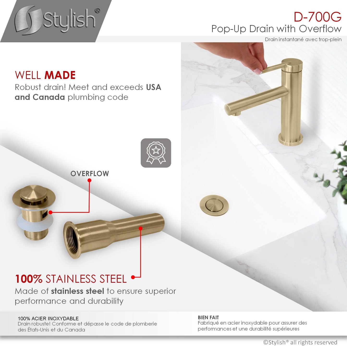 Stylish Stainless Steel Bathroom Sink Pop-Up Drain with Overflow D-700G - Renoz