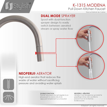 Stylish Modena 14" Kitchen Faucet Single Handle Pull Down Dual Mode Stainless Steel Brushed Finish K-131S - Renoz