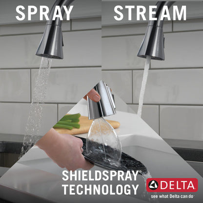 Delta Robinet de cuisine à tirette à poignée unique MATEO avec technologie ShieldSpray - Acier inoxydable Arctic