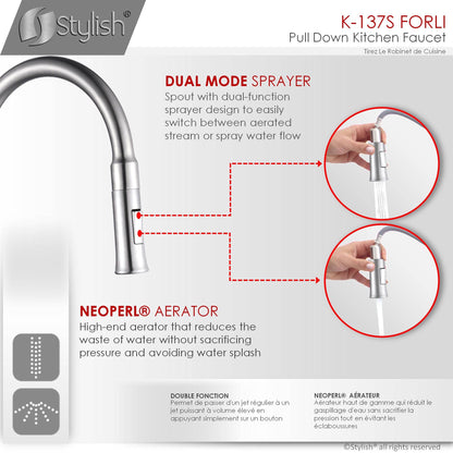 Stylish Forli 18.5" Kitchen Faucet Single Handle Pull Down Dual Mode Stainless Steel Brushed Finish K-137S - Renoz