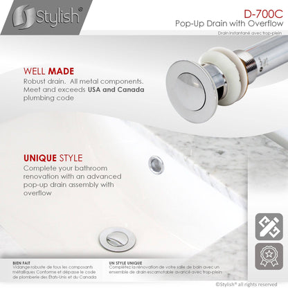 Stylish Pop-Up Drain with Overflow, Polished Chrome Finish D-700C - Renoz