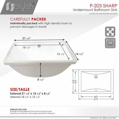 Stylish Sharp 21.25" x 14.5" Rectangular Undermount Bathroom Sink with Overflow Polished Chrome P-203 - Renoz