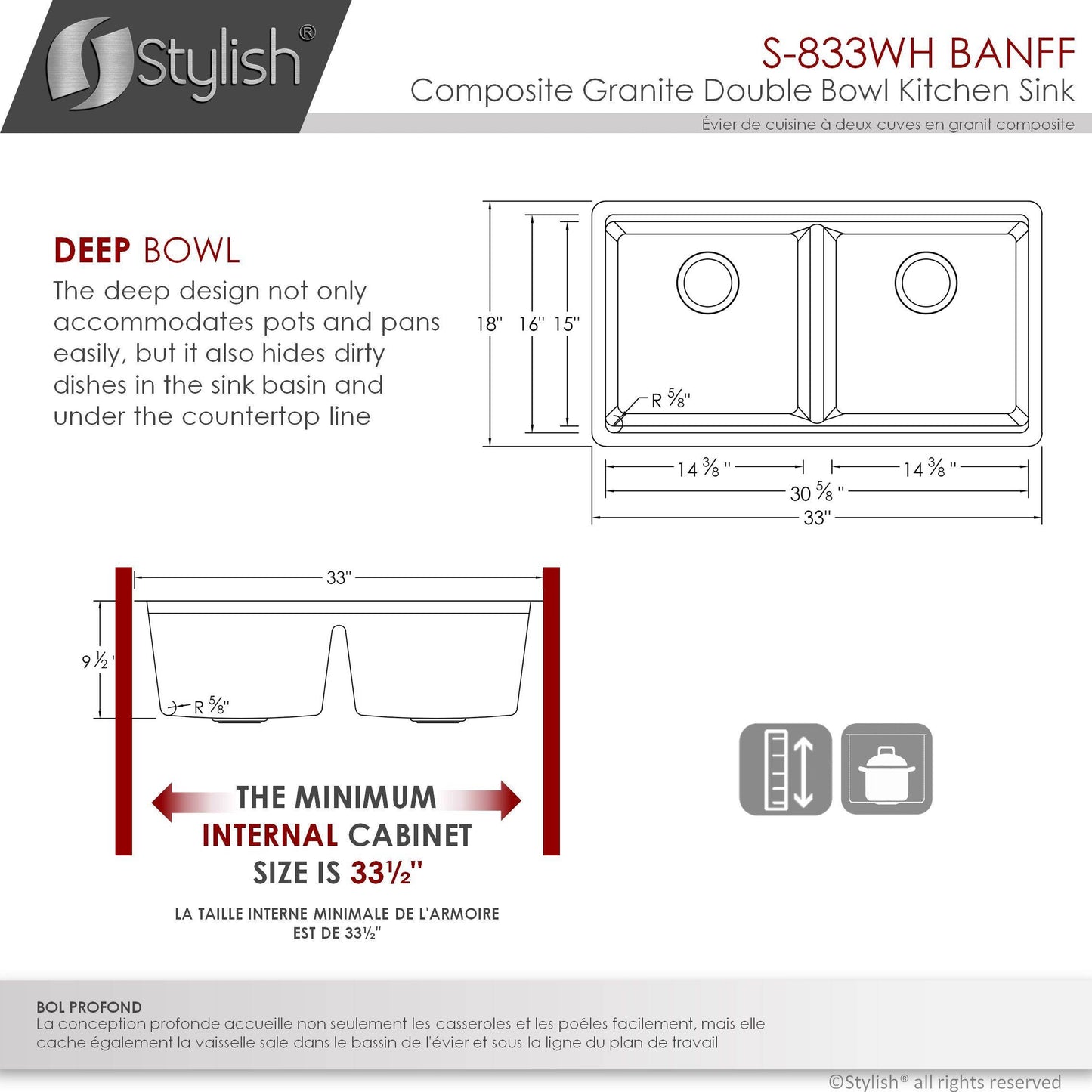 Stylish Banff 33" x 18" Dual Mount Workstation Double Bowl White Composite Granite Kitchen Sink with Built in Accessories - Renoz