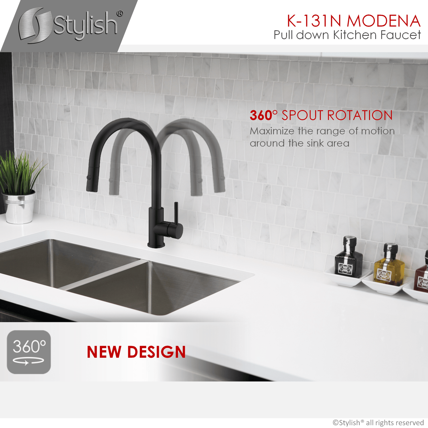 Stylish Modena 14" Kitchen Faucet Single Handle Pull Down Dual Mode Stainless Steel Matte Black Finish K-131N - Renoz