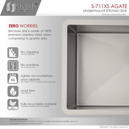 Stylish Agate 30" x 18" Graphite Single Bowl Undermount Stainless Steel Kitchen Sink S-711XN - Renoz