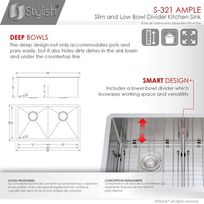 Stylish Ample 32" x 18" Slim Low Divider Double Bowl Undermount Stainless Steel Kitchen Sink S-321XG - Renoz