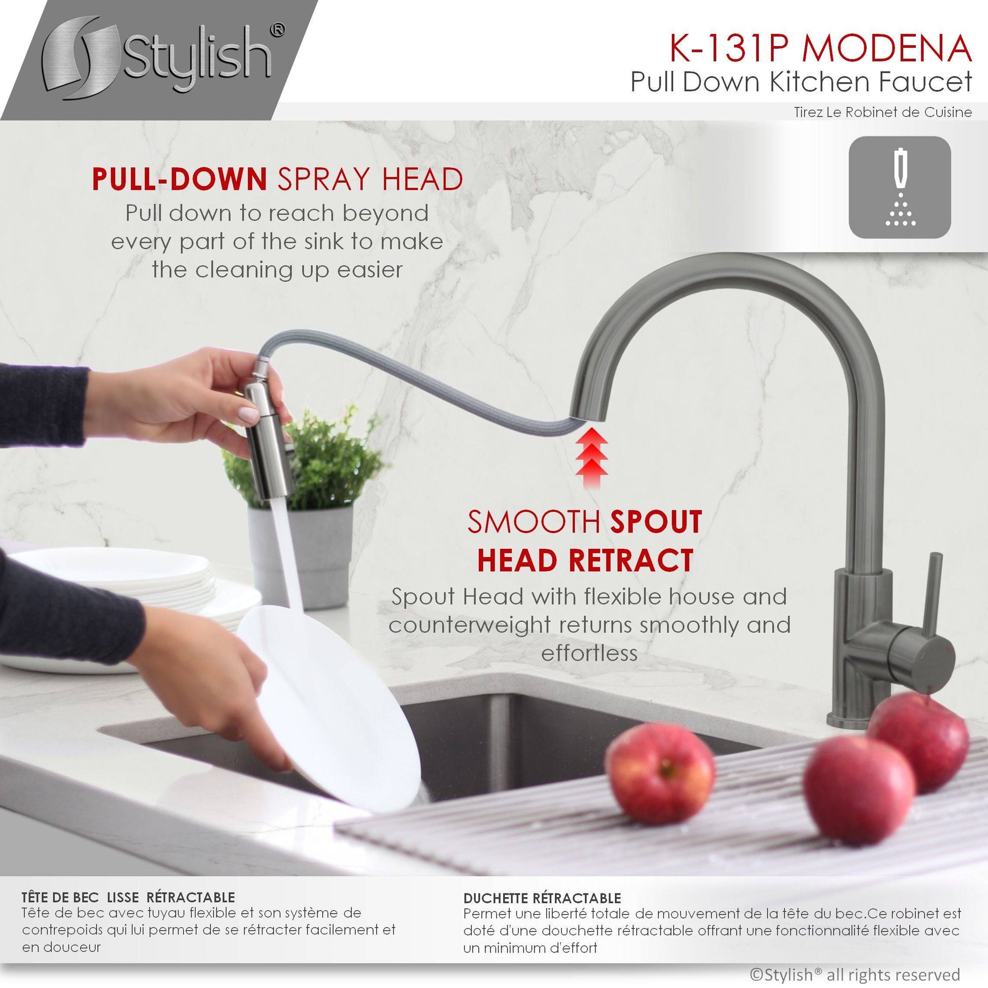 Stylish Modena 14" Kitchen Faucet Single Handle Pull Down Dual Mode Stainless Steel GunMetal Finish K-131P - Renoz