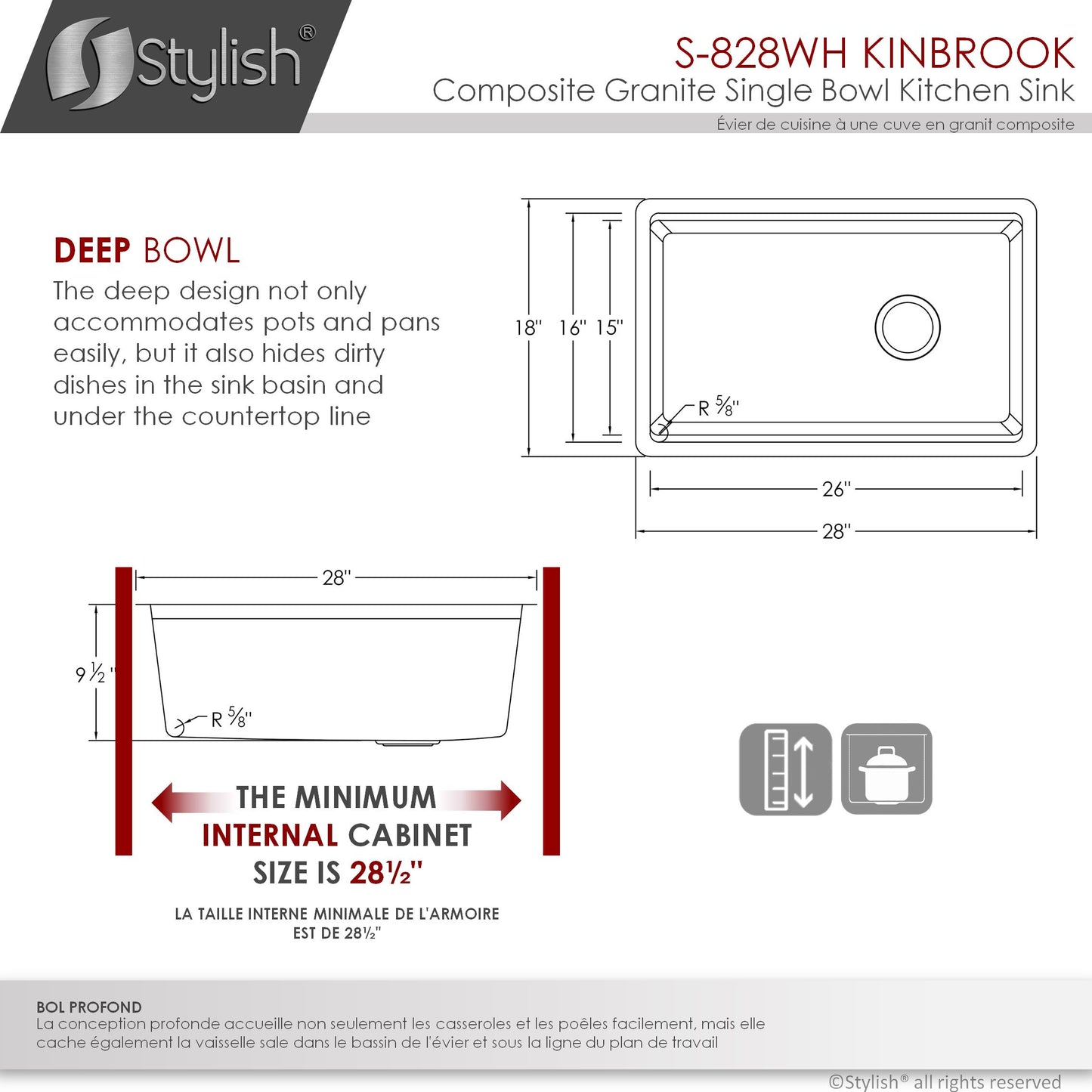 Stylish Kinbrook 28" x 18" Dual Mount Workstation Single Bowl White Composite Granite Kitchen Sink with Built in Accessories - Renoz