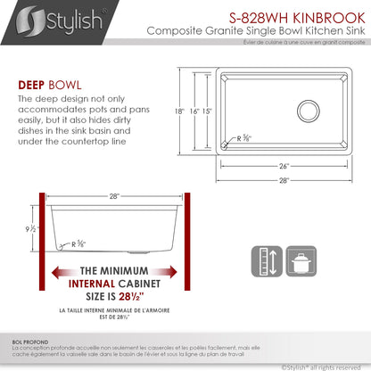 Stylish Kinbrook 28" x 18" Dual Mount Workstation Single Bowl White Composite Granite Kitchen Sink with Built in Accessories - Renoz