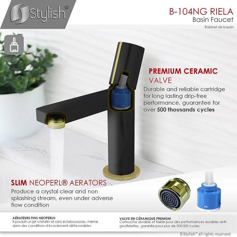 Stylish Single Handle Modern Bathroom Basin Sink Faucet in Matte Black with Gold accents Finish B-104NG - Renoz