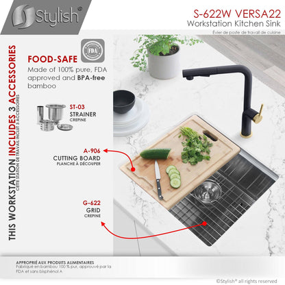 Stylish Versa22 22" x 19" Workstation Single Bowl Undermount 16 Gauge Stainless Steel Kitchen Sink with Built in Accessories S-622W - Renoz