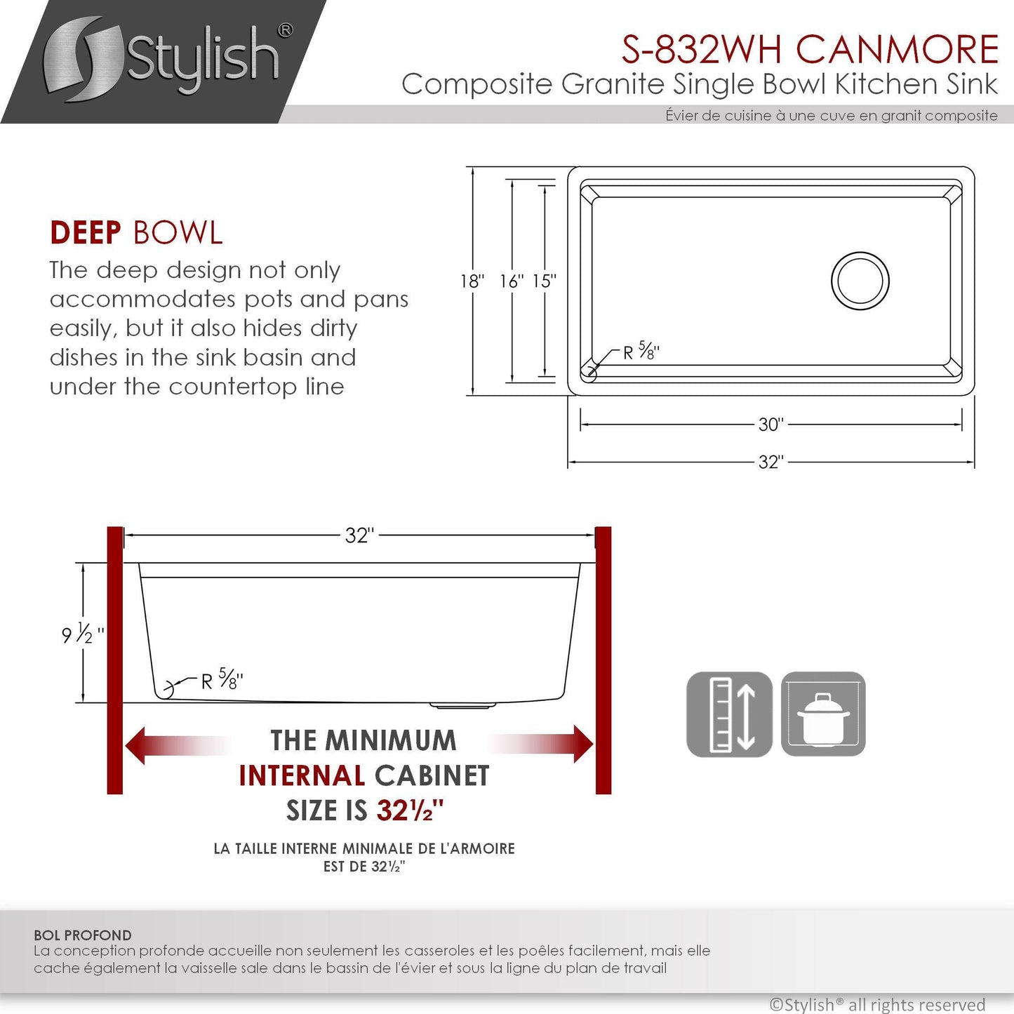 Stylish Canmore 32" x 18" Dual Mount Workstation Single Bowl White Composite Granite Kitchen Sink with Built in Accessories - Renoz