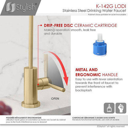 Stylish Lodi 11.25" Kitchen Drinking Water Tap Faucet, Stainless Steel Brushed Gold Finish K-142G - Renoz