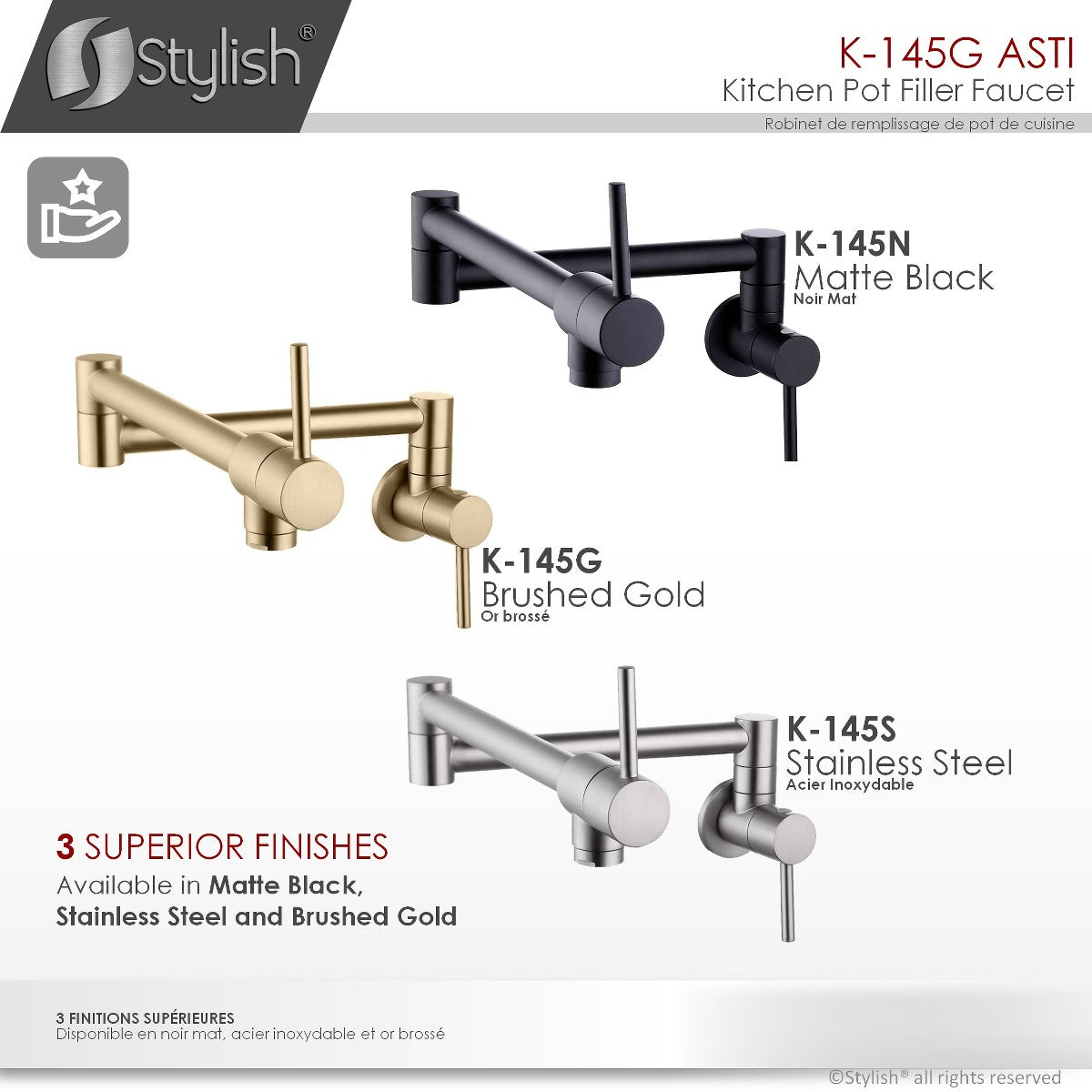 Stylish ASTI Stainless Steel Wall Mount Pot Filler Folding Stretchable with Single Hole Two Handles - Brushed Gold Finish K-145G