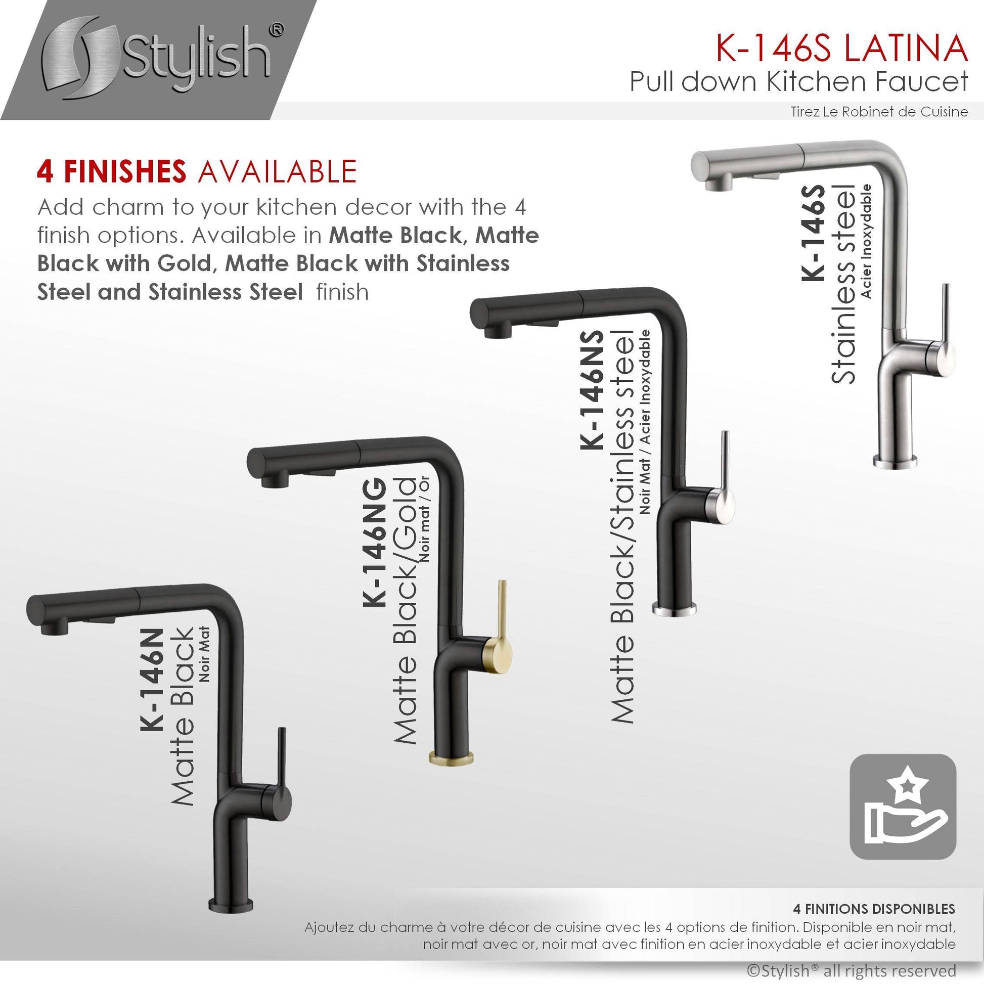 Stylish Latina 13" Kitchen Faucet Single Handle Pull Down Dual Mode Stainless Steel Brushed Finish K-146S - Renoz