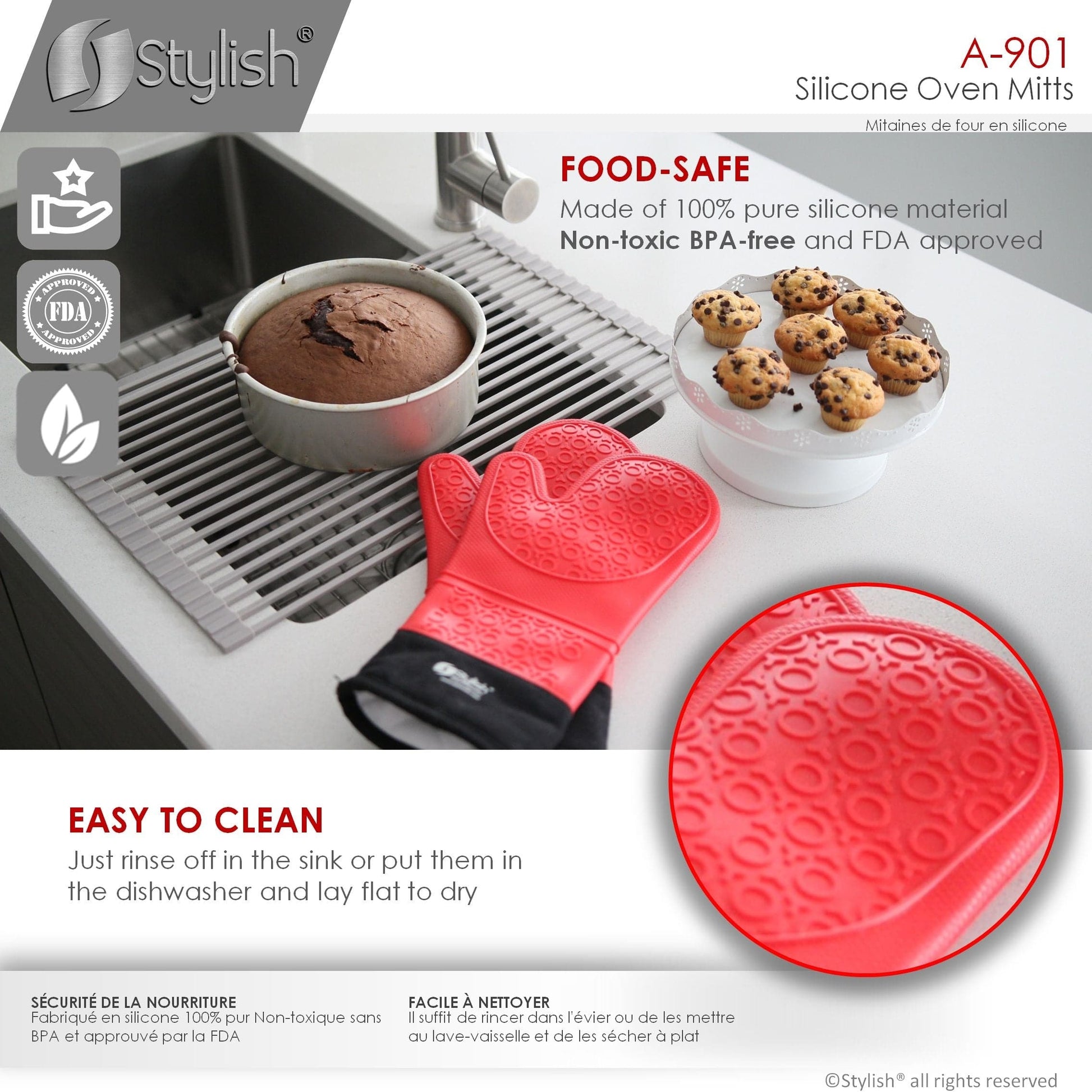 Stylish Heat Resistant Silicone Oven Mitts A-901-RED - Renoz