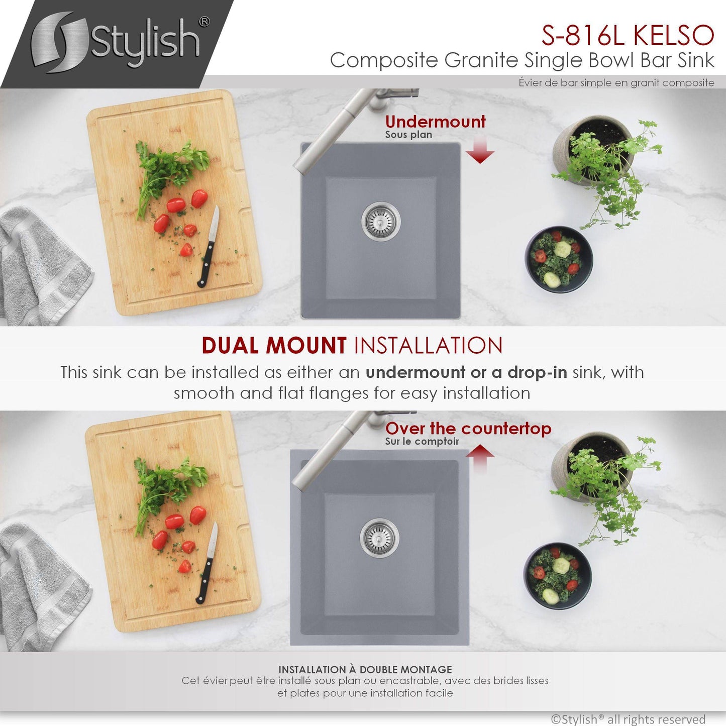 Stylish Kelso 15.5" x 17.5" Dual Mount Single Bowl Gray Composite Granite Kitchen Sink with Strainer - Renoz