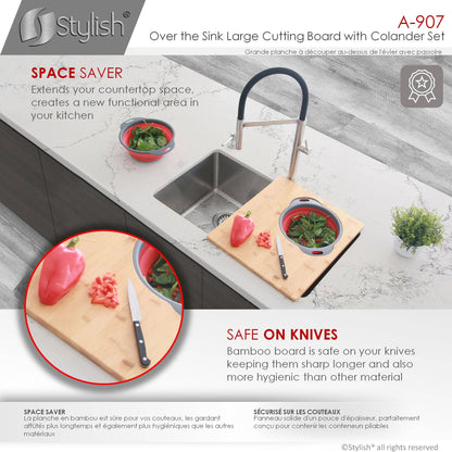 Stylish 16" Over The Sink Large Cutting Board With Colander Set A-907 - Renoz