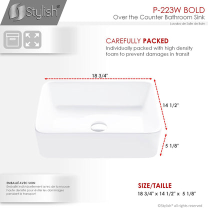 Stylish Bold 18.75" x 14.5" Rectangular Vessel Bathroom Sink White P-223W - Renoz