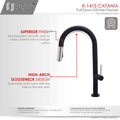 Stylish Catania 17.25" Kitchen Faucet Single Handle Pull Down Dual Mode Lead Free Matte Black with Silver Head and Handle Finish K-141NS - Renoz