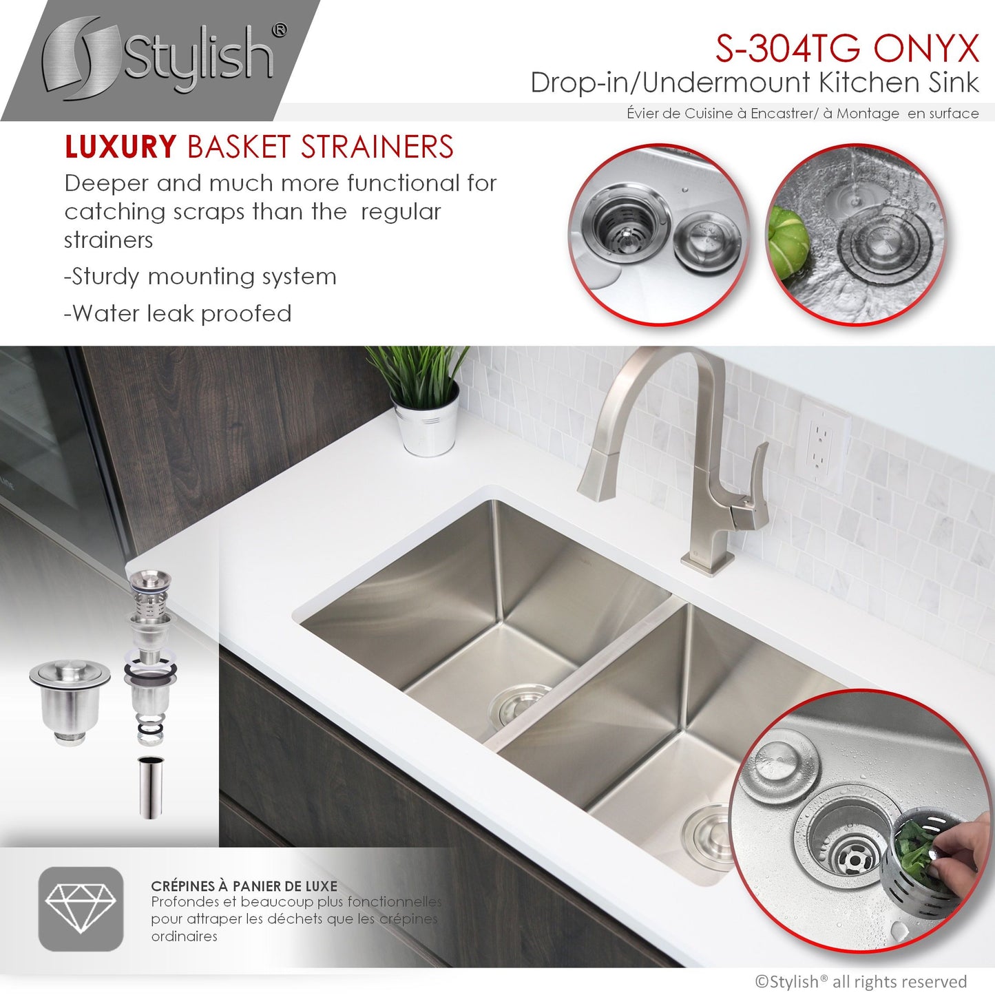 Stylish ONYX 30" x 18" Undermount or Drop-in Double Bowl Kitchen Sink, 18 Gauge Stainless Steel with Grids and Basket Strainers, S-304TG