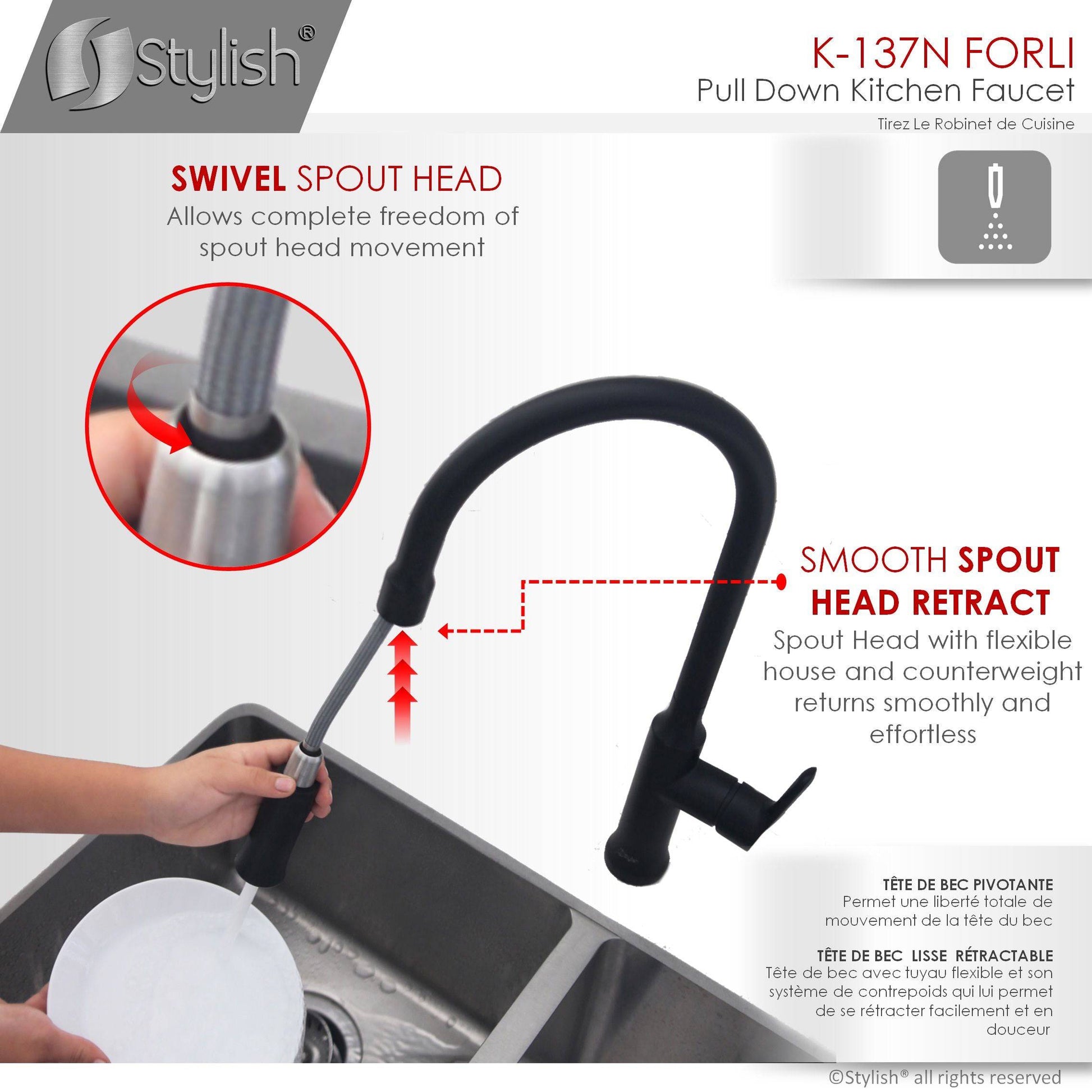 Stylish Forli 18.5" Kitchen Faucet Single Handle Pull Down Dual Mode Stainless Steel Matte Black Finish K-137N - Renoz