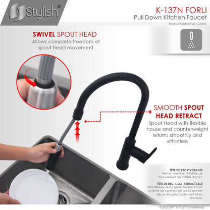 Stylish Forli 18.5" Kitchen Faucet Single Handle Pull Down Dual Mode Stainless Steel Matte Black Finish K-137N - Renoz