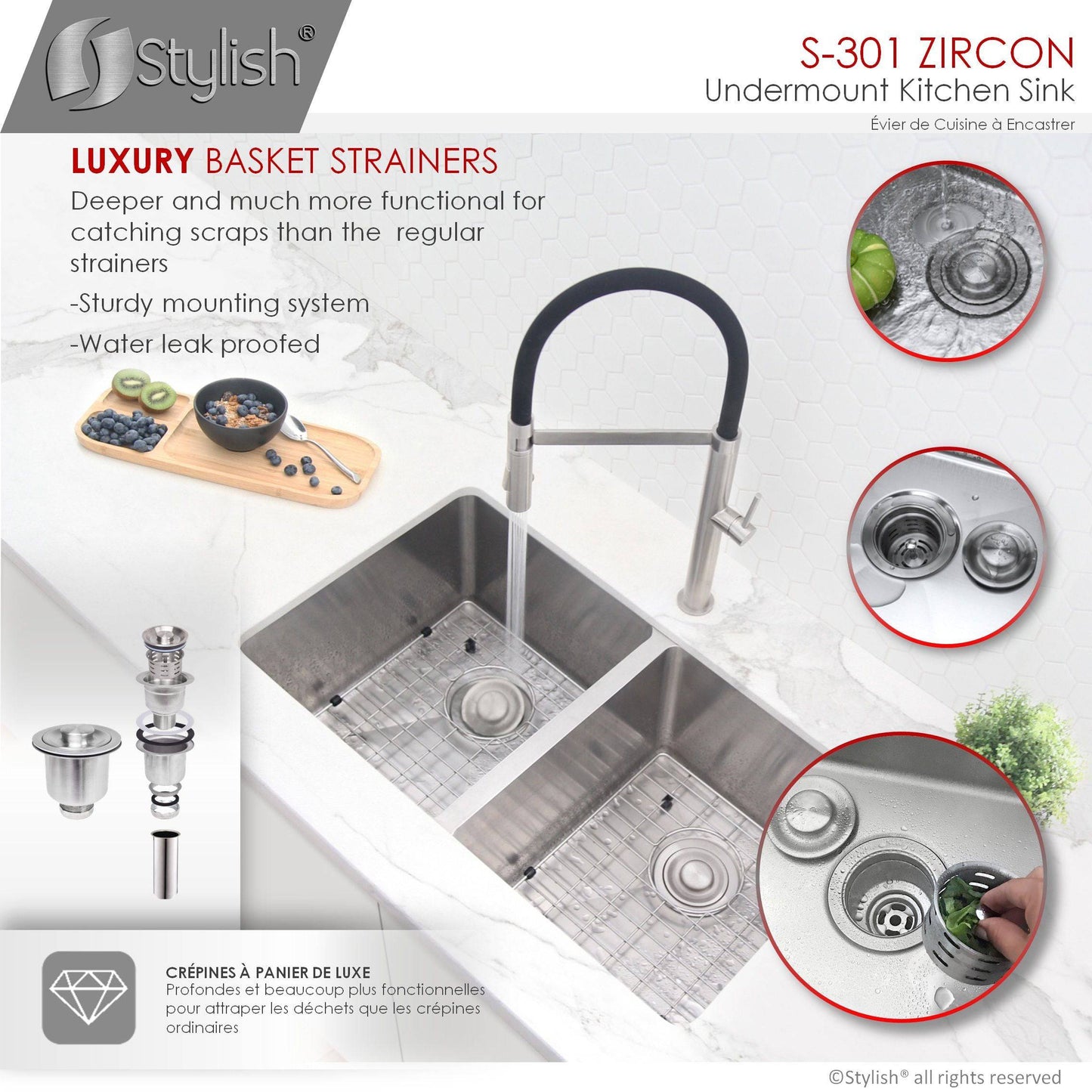 Stylish Zircon 32" x 18" Double Bowl Undermount Stainless Steel Kitchen Sink S-301XG - Renoz