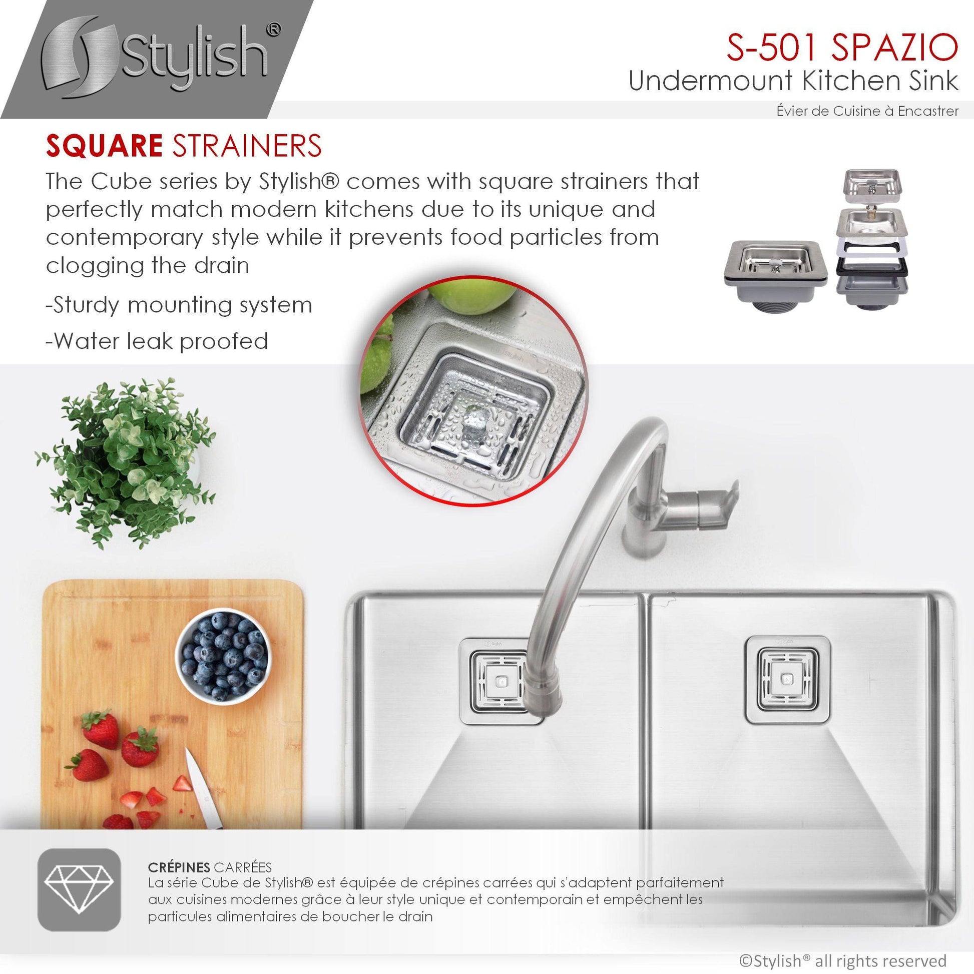 Stylish Spazio 33" x 18" Slim Low Divider Double Bowl Undermount Stainless Steel Kitchen Sink S-501XG - Renoz