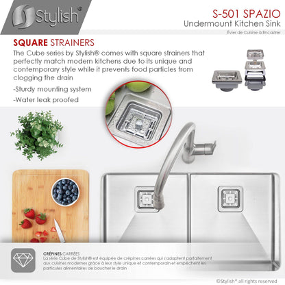 Stylish Spazio 33" x 18" Slim Low Divider Double Bowl Undermount Stainless Steel Kitchen Sink S-501XG - Renoz