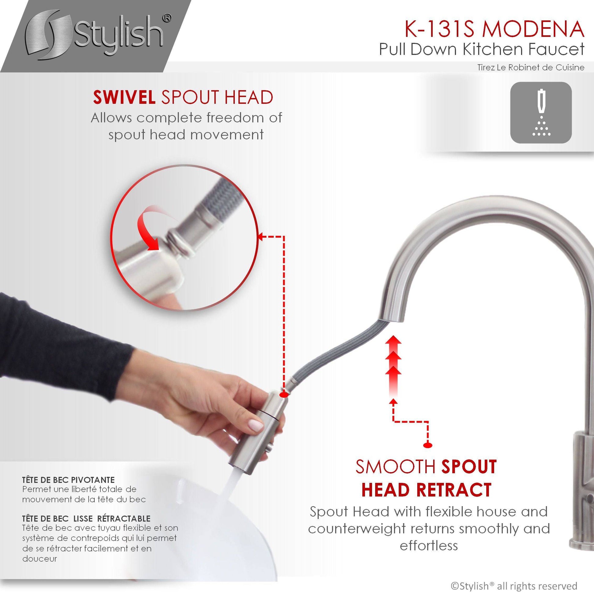 Stylish Modena 14" Kitchen Faucet Single Handle Pull Down Dual Mode Stainless Steel Brushed Finish K-131S - Renoz