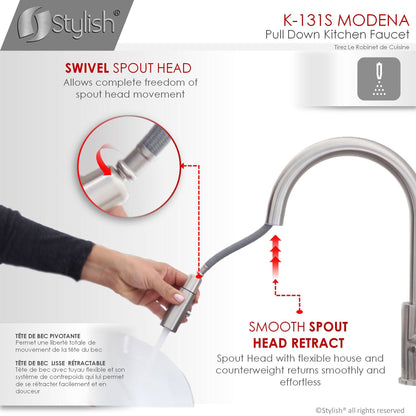 Stylish Modena 14" Kitchen Faucet Single Handle Pull Down Dual Mode Stainless Steel Brushed Finish K-131S - Renoz