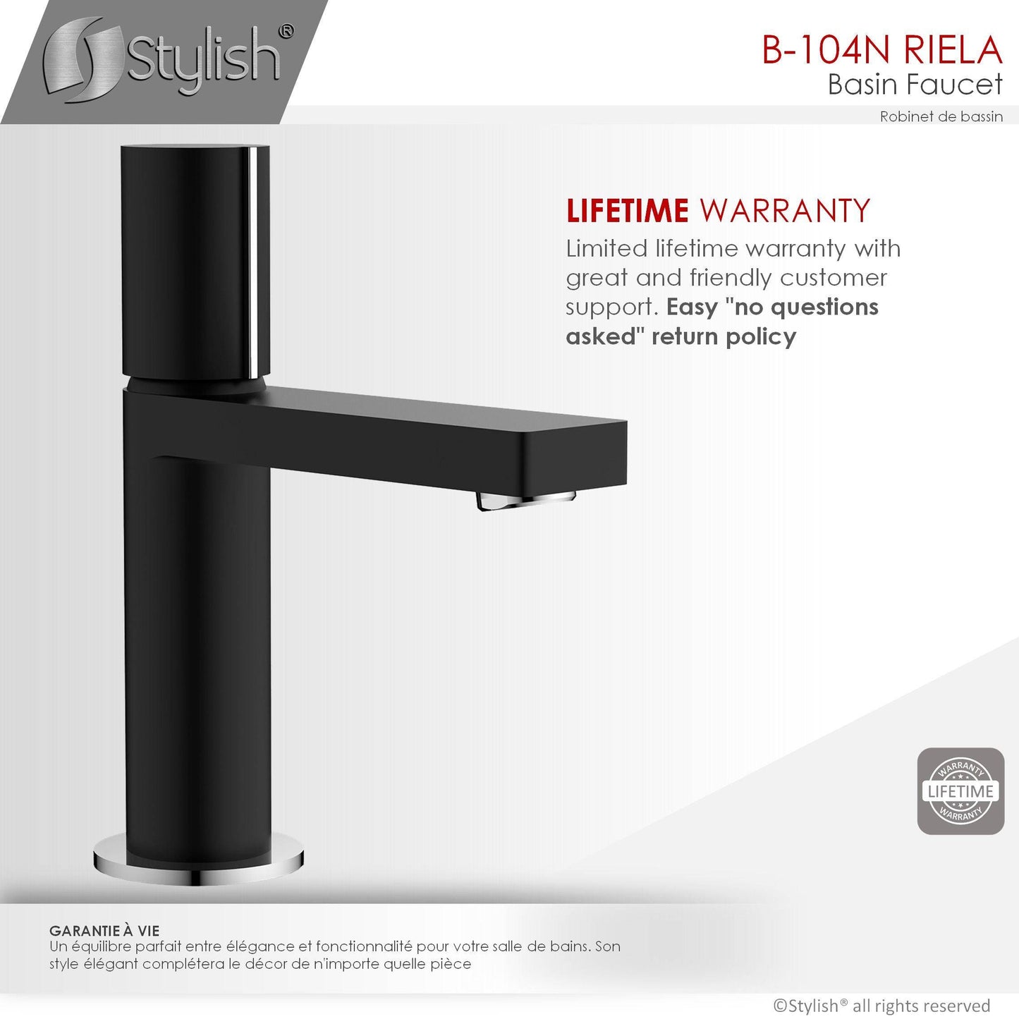 Stylish Riela 7" Single Handle Modern Bathroom Basin Faucet in Matte Black with Chrome accents Finish B-104N - Renoz