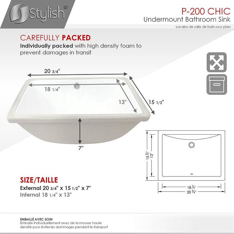 Stylish Chic 20.75" x 15.5" Rectangular Undermount Bathroom Sink with Overflow Polished Chrome P-200 - Renoz