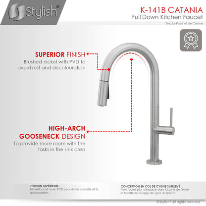 Stylish Catania 17.25" Kitchen Faucet Single Handle Pull Down Dual Mode Lead Free Brushed Nickel Finish K-141B - Renoz