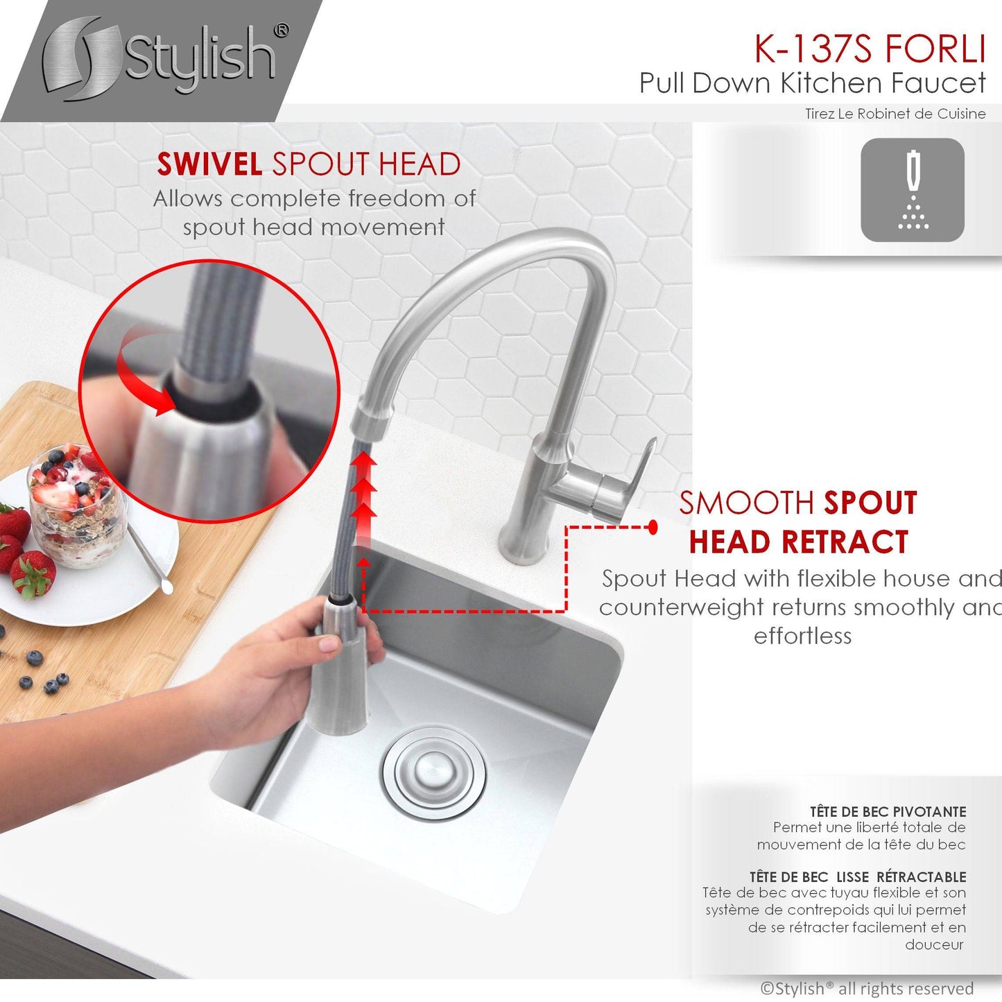 Stylish Forli 18.5" Kitchen Faucet Single Handle Pull Down Dual Mode Stainless Steel Brushed Finish K-137S - Renoz