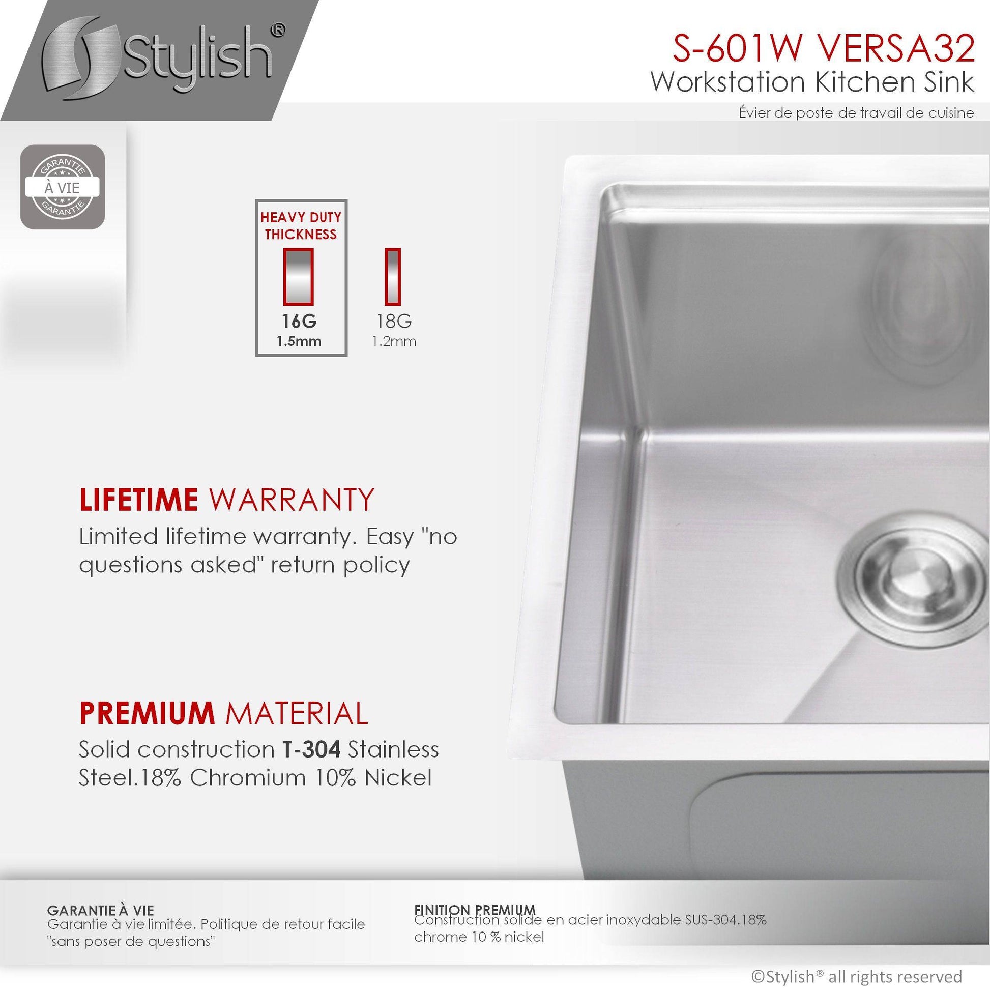 Stylish Versa 32 32" x 19" Workstation Double Bowl Undermount Kitchen Sink with Built in Accessories S-601W - Renoz