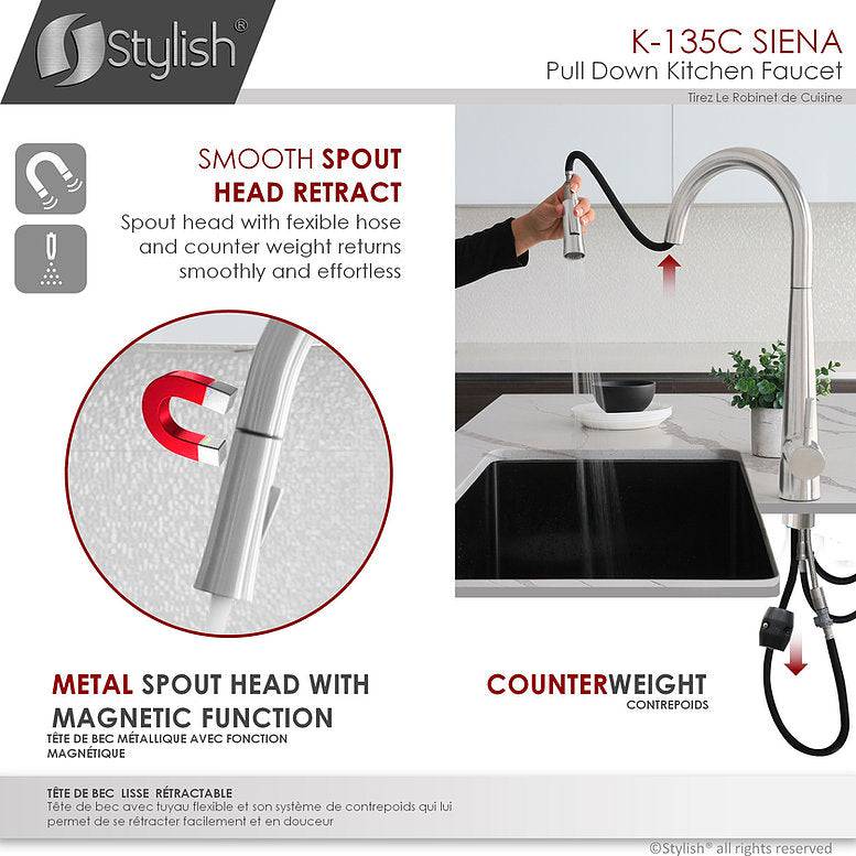 Stylish Siena Kitchen Faucet Single Handle Pull Down Dual Mode Stainless Steel Polished Chrome Finish K-135C - Renoz