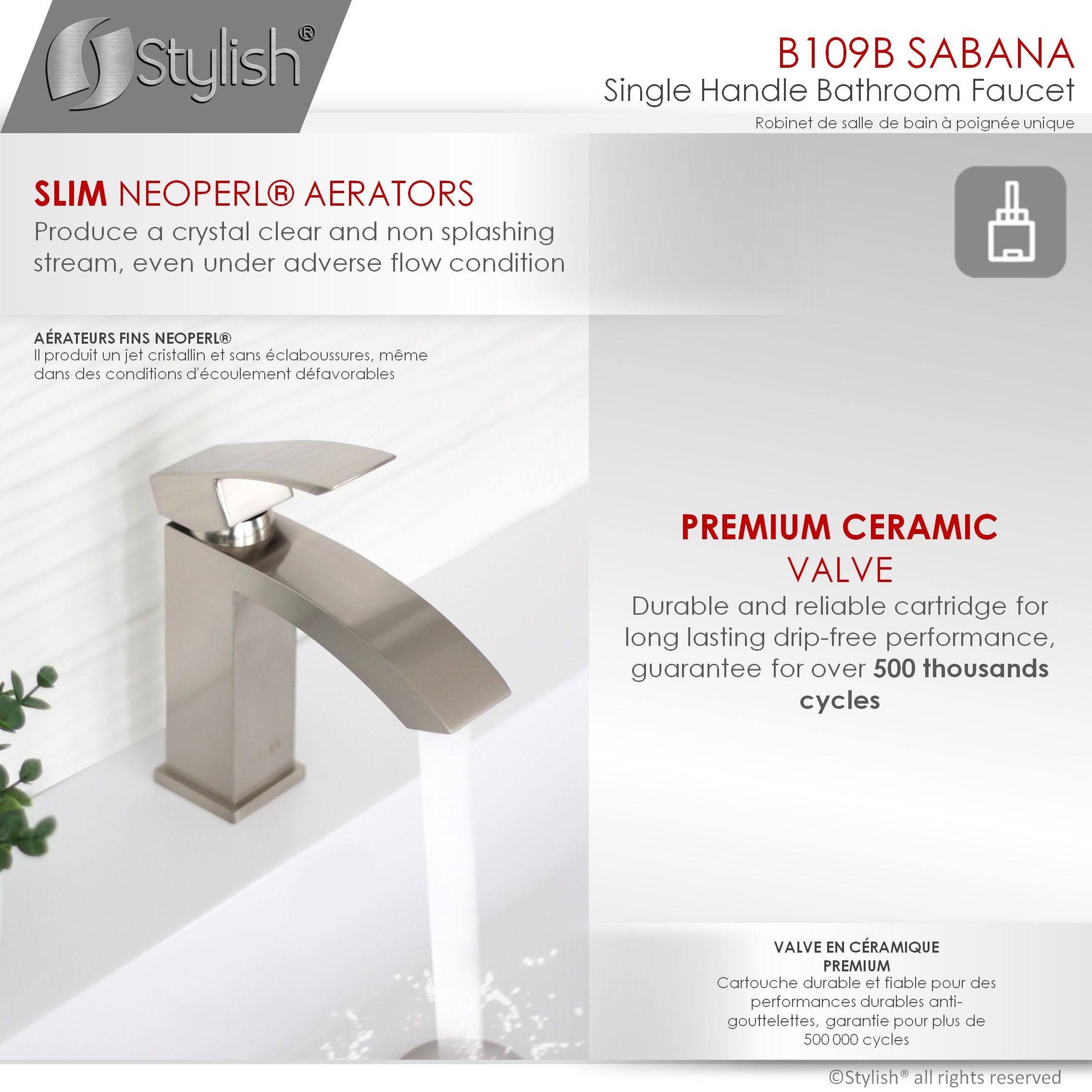 Stylish Sabana 7" Single Handle Bathroom Faucet for Single Hole Brass Basin Mixer Tap, Brushed Nickel Finish B-109B - Renoz