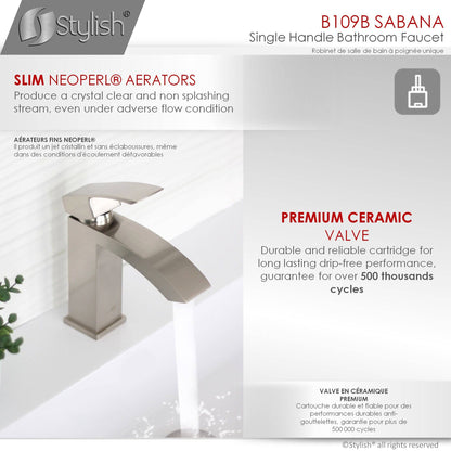 Stylish Sabana 7" Single Handle Bathroom Faucet for Single Hole Brass Basin Mixer Tap, Brushed Nickel Finish B-109B - Renoz