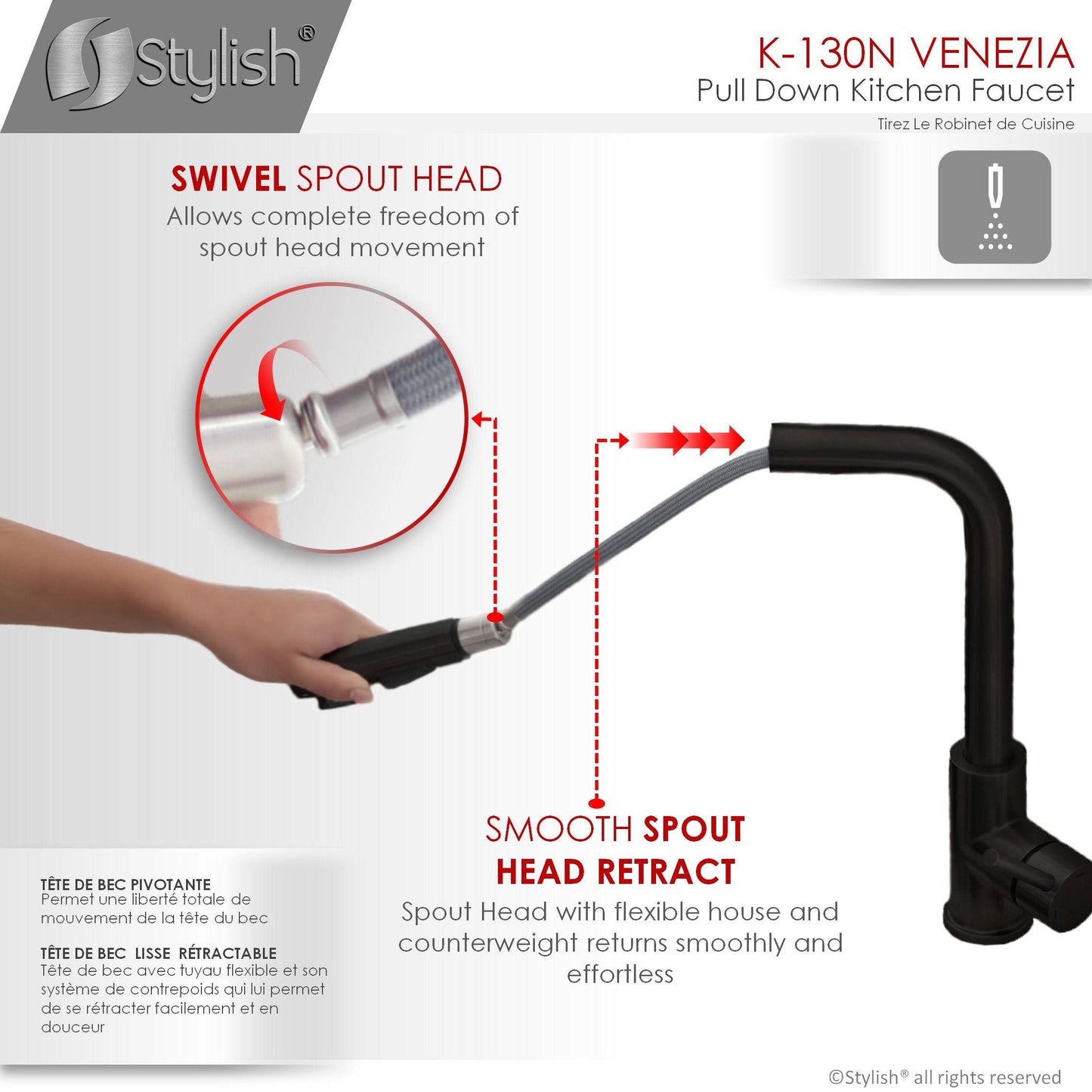 Stylish Venezia 12" Kitchen Faucet Single Handle Pull Down Dual Mode Stainless Steel, Matte Black Finish K-130N - Renoz