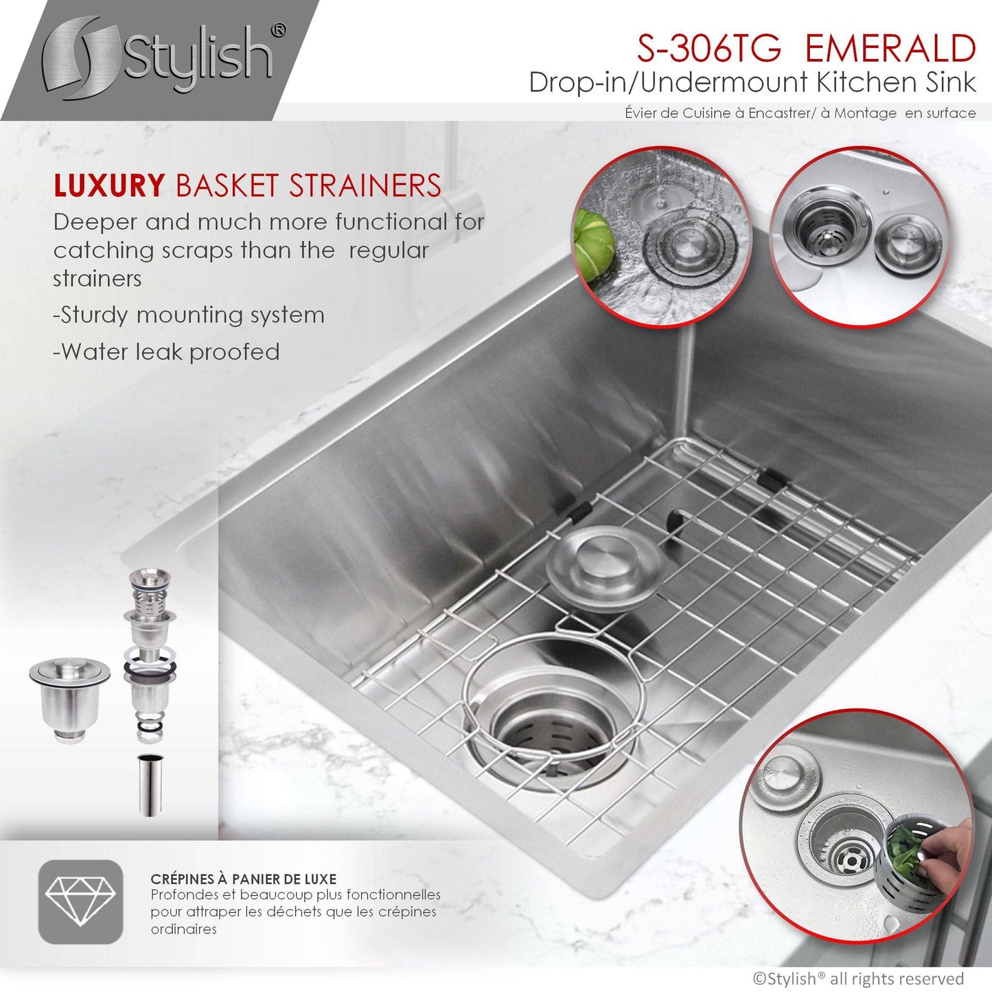 Stylish Emerald 28" x 18" Single Bowl Drop-in/Undermount Stainless Steel Kitchen Sink S-306TG - Renoz