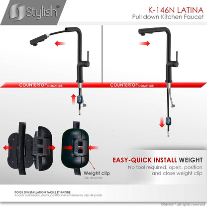 Stylish Latina 13" Kitchen Faucet Single Handle Pull Down Dual Mode Matte Black Finish K-146N - Renoz