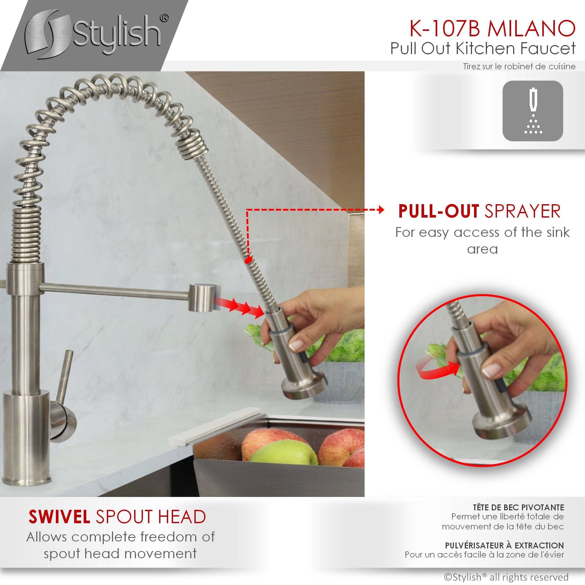 Stylish Milano 17.5" Kitchen Faucet Single Handle Pull Down Dual Mode Lead Free Brushed Nickel Finish K-107B - Renoz