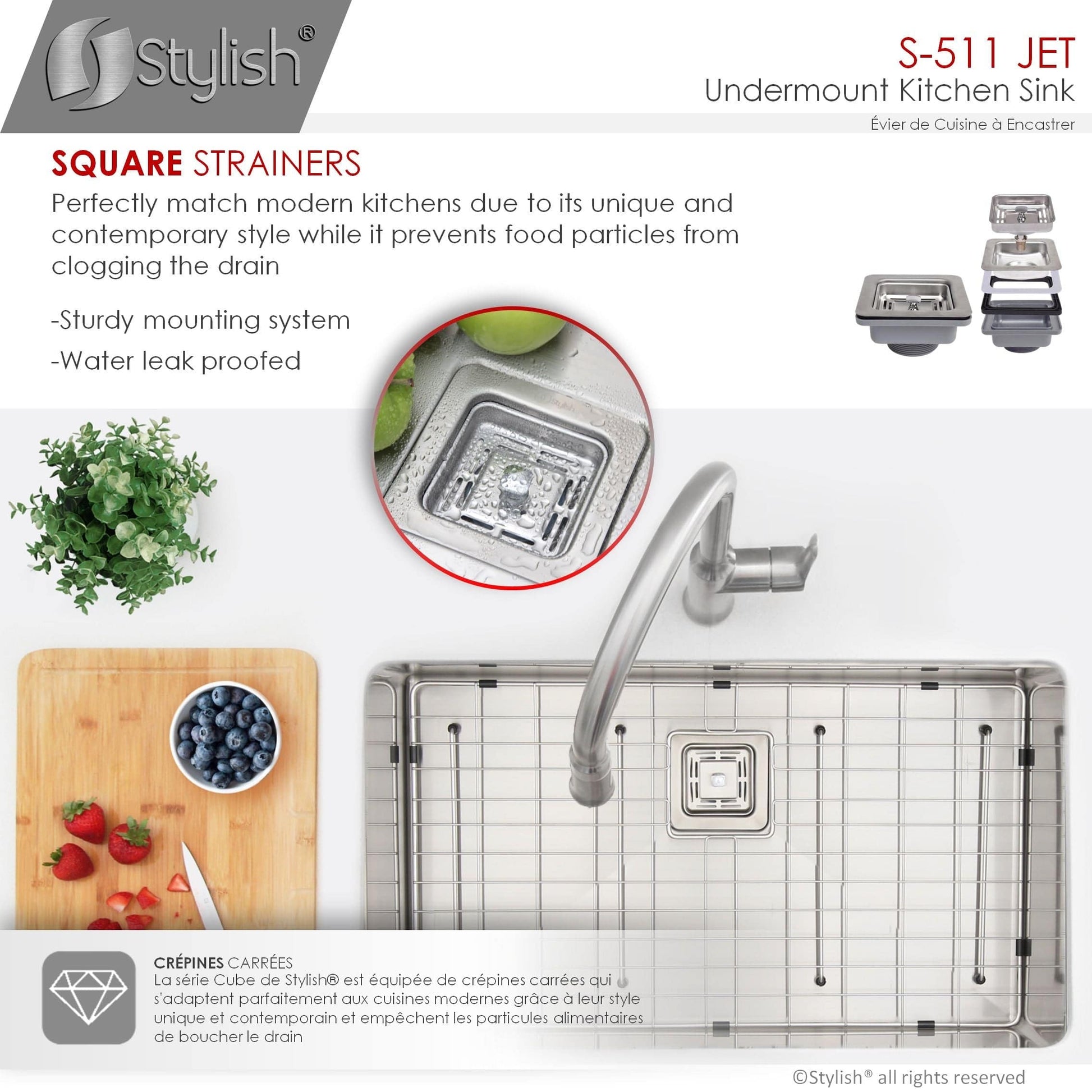 Stylish Jet 30" x 18" Single Bowl Stainless Steel Kitchen Sink with Square Strainer S-511XG - Renoz