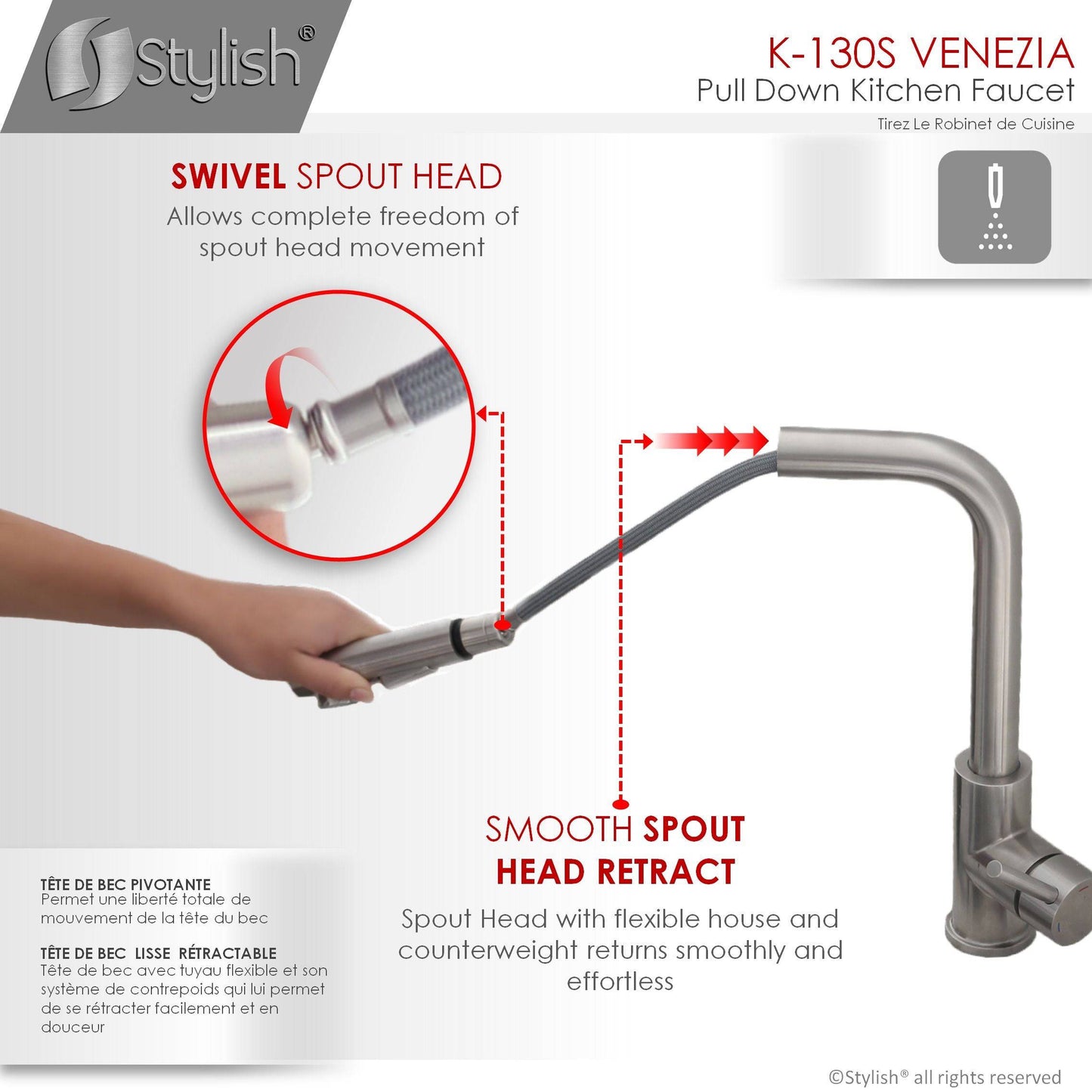 Stylish Venezia 12" Kitchen Faucet Single Handle Pull Down Dual Mode Stainless Steel, Brushed Finish K-130S - Renoz