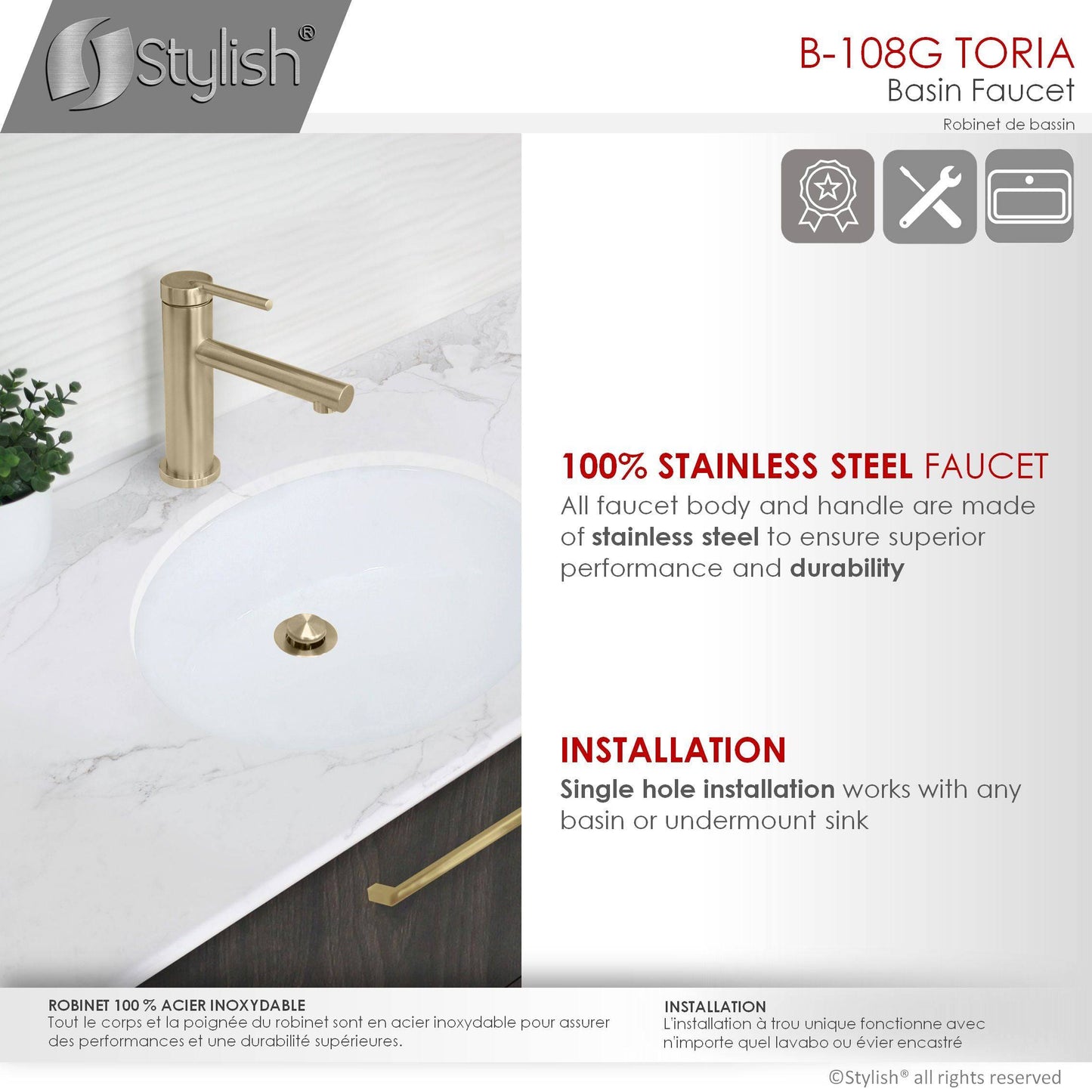 Stylish Toria 6" Single Handle Basin Bathroom Faucet in Brushed Gold Finish B-108G - Renoz