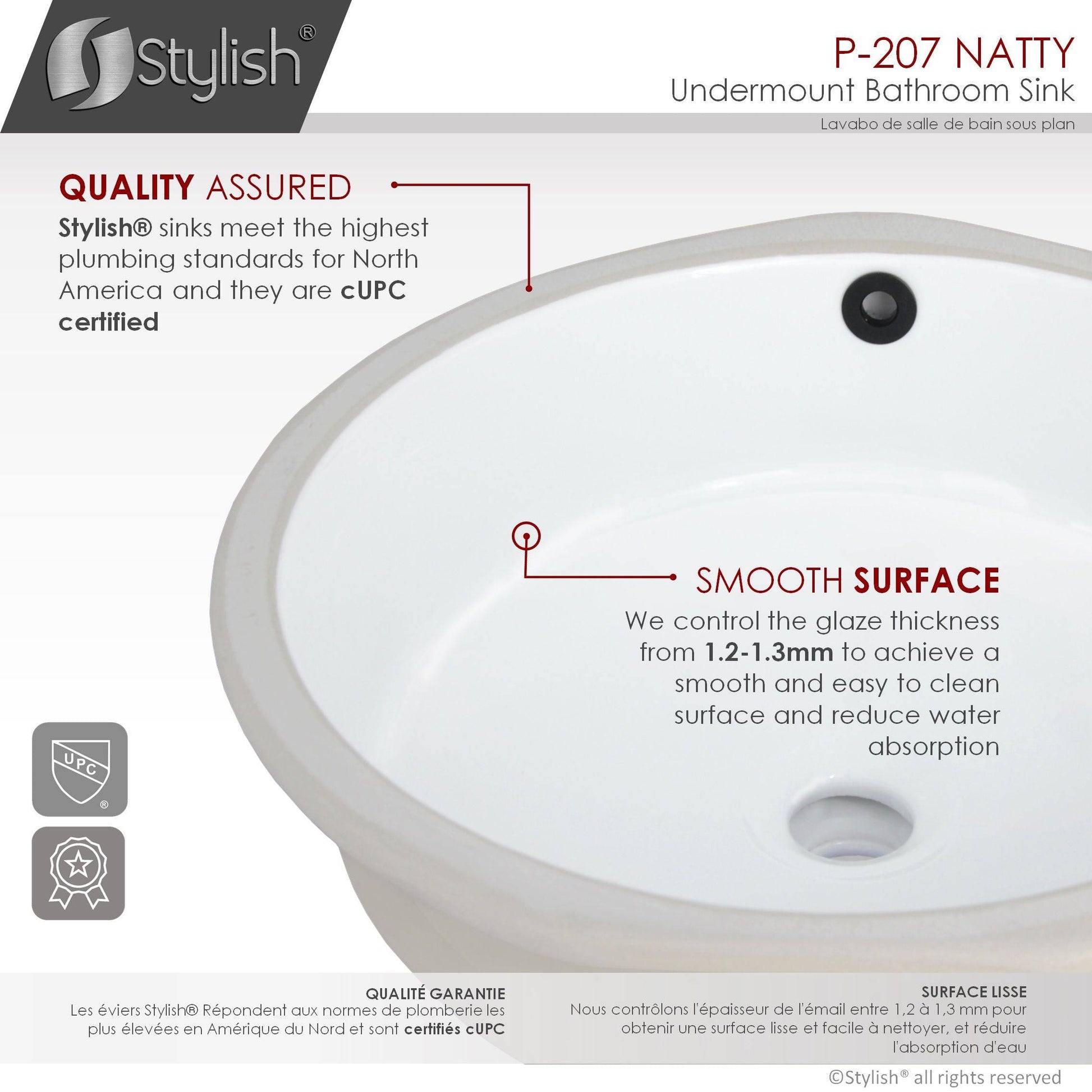 Stylish Natty 16" x 16" Round Undermount Ceramic Bathroom Sink with 2 Overflow Finishes P-207 - Renoz